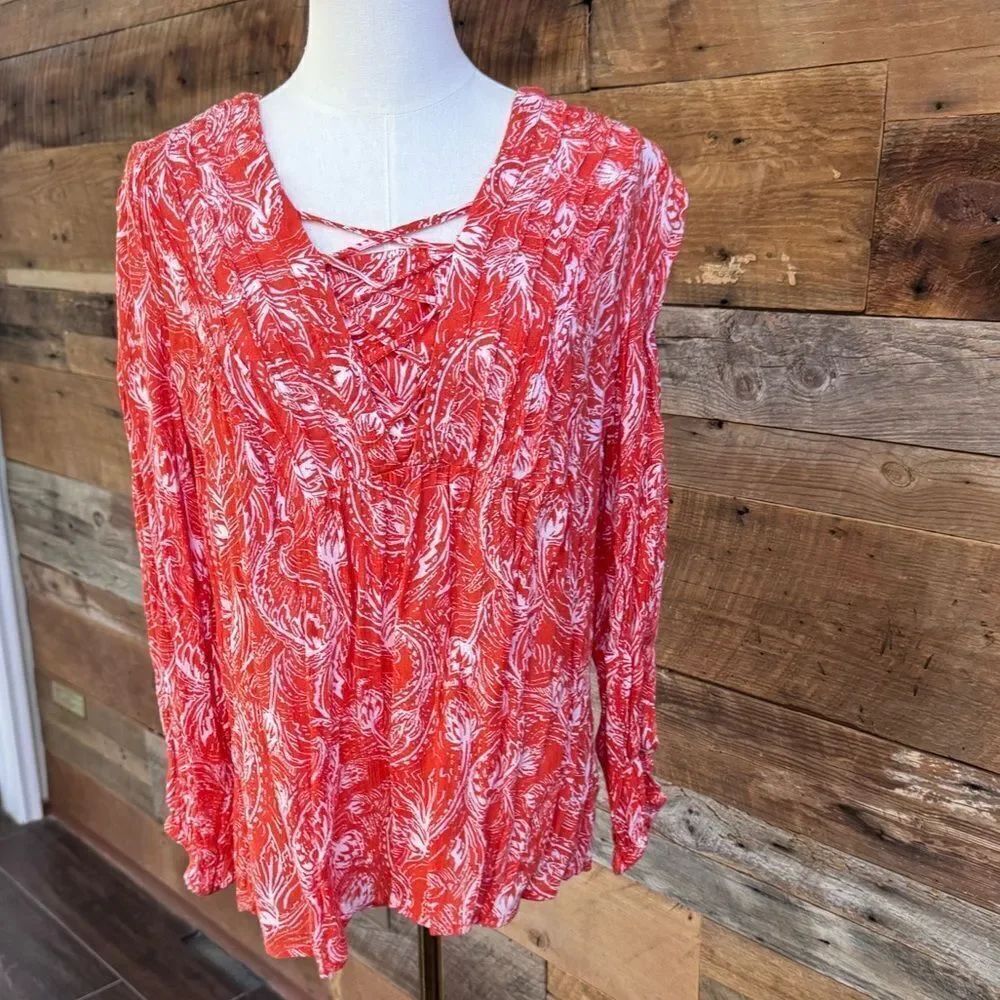 Style & Co Red-White Paisley Pintuck Peasant Top, Created for Macy's EUC SZ M